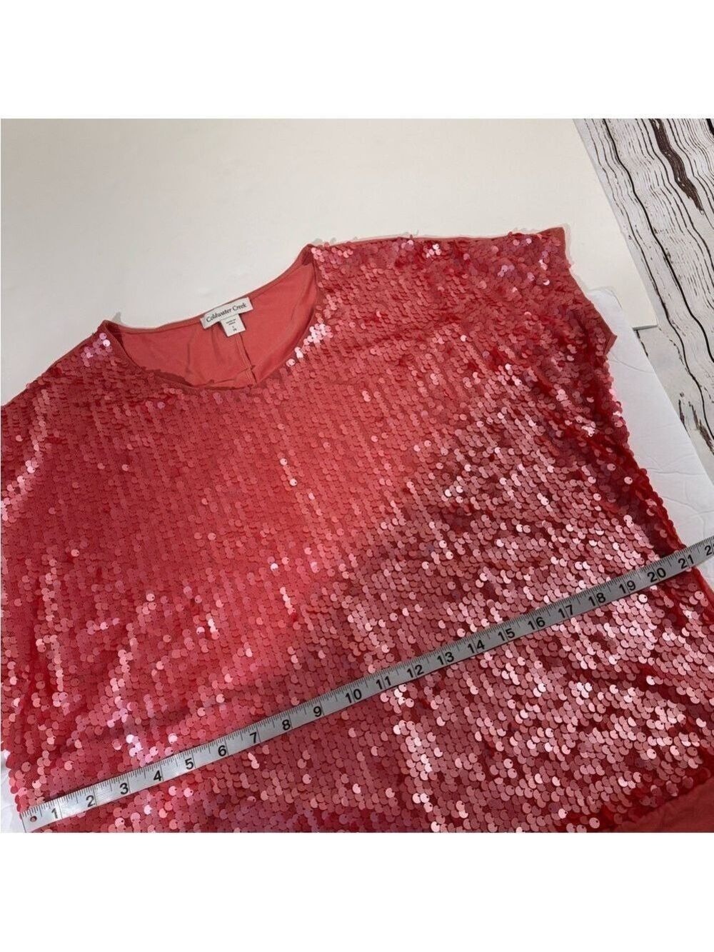 Coldwater Creek Coral Sequin Short Sleeve Top Large - Picture 6 of 7